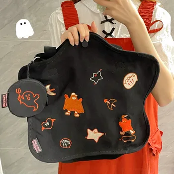 Fekete Hímzéssel Szellem Tote Bags Nagy Kapacitású Női Táska Y2K Aranyos Lélek Divat Halloween Téma Váll táska Lány Iskola Táskák