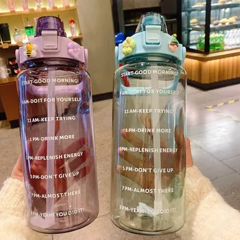 2 Liter Nagy Kapacitás Idő Skála Víz Kupa Kültéri Hordozható Műanyag Csésze Víz Fitness Sport Átlátszó Nagy Vízforraló