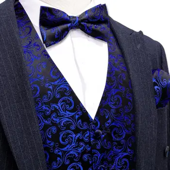 Royal Kék Fekete Selyem Mellény Férfi Csokornyakkendő Mellény Nyakkendő, Zsebkendő Meghatározott Ujjatlan Kabát, Esküvői Hivatalos Üzleti Barry Wang