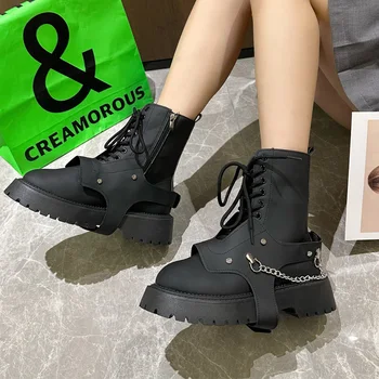 Téli Új Trend Lánc Platform Chelsea Boots Lakások Boka Női Cipő 2023 Divat Gót Gladiátor Cipzár Márka Motoros Csizma