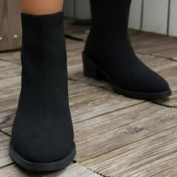 Fekete, Lélegző Kötött, Rugalmas Boka Csizma Tavaszi Őszi Női Alacsony Sarkú Cipő Hegyes Slip-On Rövid Boot Plus Size 43