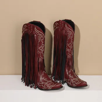 IPPEUM Cowboy Csizma Női Nyugat-Közép-magas szárú cipő Hegyes Orrú Rojtos Slip-on Cipő Ország Lovagló Csizma Ingyenes Szállítás