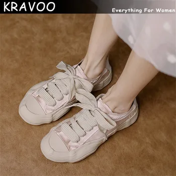 KRAVOO Platform Vászon Női Cipő fűzős Női Cipők, Elegáns Női futócipő Kerek Toe Alkalmi Cipő Ins Trend 2023
