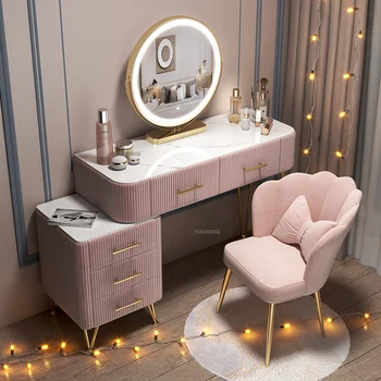 Tömör Fából készült Komód Hálószoba Bútor Modern, Egyszerű, Rózsaszín Smink Hiúság Asztal Tükörrel Fényt Luxus Tároló Komód Szekrény