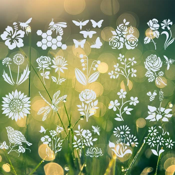 20 Lap Virág Stencil Levelek A Fa Területen Növény Vászon DIY Művészeti Rajz Farm Virág, Fű Festmény Sablon Pillangók Madár