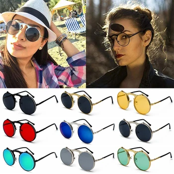 Nyáron UV-Védelem Kör Szemüveget a Férfiak, mind a Nők Kerek Napszemüveg Szemüveg Flip-Up Napszemüveg Steampunk Napszemüveg