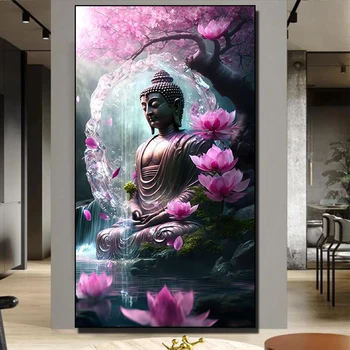 Nagy Buddha Lótusz Virág Diamond Egy Új Kép 2023 Gyémánt Művészet Teljes Sqaure Kerek Keresztszemes Készletek Vízesés Vallási Y990