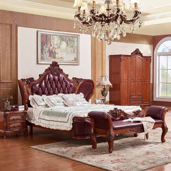 Hálószoba bútor Európai hercegnő ágy, kétszemélyes ágy, luxus menyasszonyi ágy tömör fa bőr Amerikai ágy