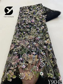2023 Luxus francia Esküvői Csipke Szövet Kézzel Hímzett 3D Virág Gyöngyös Tüll Csipke Anyag, Flitterekkel 5 Yard Y9045