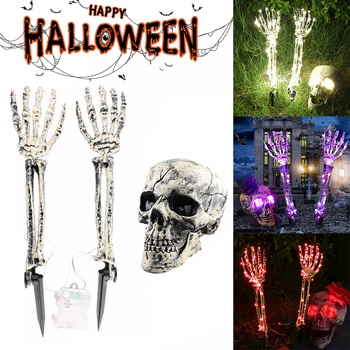 2DB Halloween Reális Koponya Csontváz Fejét Emberi Kéz Karját Halloween LED Dekoráció Otthon Kert Kerti Horror Kellékek
