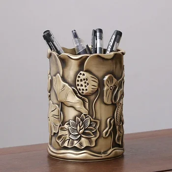 Kínai asztal Tárolás Zen Lotus tolltartó Réz Kézműves Dekorációs Hivatal Kínai toll vödör dekoráció Ajándék