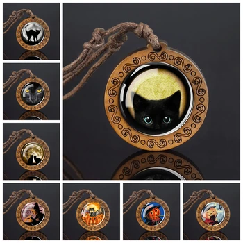 Halloween Fekete Macska Gótikus Fa Medál Nyaklánc Halloween Boszorkány Ékszerek