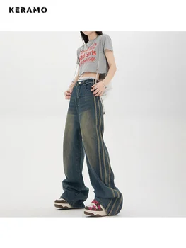 2023 koreai Stílus Női Vintage, Magas Derék Streetwear Stílus Kék Farmer Nadrág, Széles Láb Bő Y2K Bő Női Farmer Nadrág
