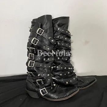 Punk, Metal Szegecs Övcsat A Közepén Borjú Chelsea Boots Nő Fekete Hegyes Toe Alacsony, Tagbaszakadt Sarkú Csizma Őszi Téli Lovag Cipő