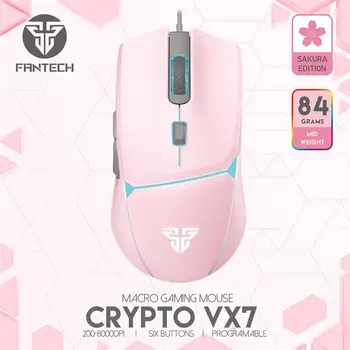 FANTECH CRYPTO VX7 Gaming Mouse 8000DPI 6 Makró Gomb Rózsaszín USB Vezetékes Egerek Háttérvilágítás PC Gamer Laptop