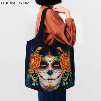 Cukor Koponya Lány Élelmiszert Vásárolni Tote Bags Mexikói Calavera Catrina Vászon Vásárló Váll Táska Nagy Kapacitású Táskák