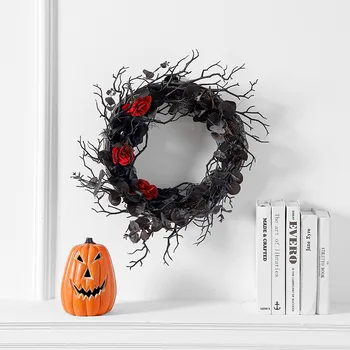 Halloween fekete ajtón lógó halott ágak garland szimuláció virág dekoráció koszorú fél elrendezés rattan kör falra