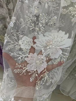 Fehér Gyöngyökkel, Flitterekkel 3D Virágok, Elegáns Ruha, Női Sorozat, Kézzel készített Hímzés Nettó Csipke Szövet