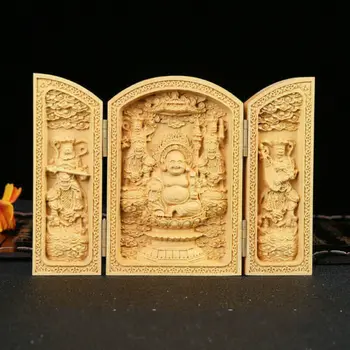 Kína Box-fa Kézzel Faragott Boldog Nevetés Maitreya Buddha Három Nyitó Doboz Szobor