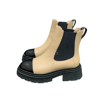 A Nők Őszi Téli Új Chelsea Boots Természetes Bőr Luxus Design Boka Csizma Tér Sarok Kerek Toe Csúszik A Klasszikus Csizma