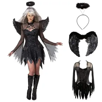 Halloween Fekete-Fehér Bukott Angyal Jelmez Szett Női Szexi Ördög Jelmez, Farsangi Party Jelmezes Szárnyak Színpadi Kosztüm