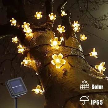 Napenergia Füzér Fény 5m 7m 12m Barack Virág Solar Lámpa Power LED String tündérfény 6V Kert Karácsonyi Dekoráció, Kültéri